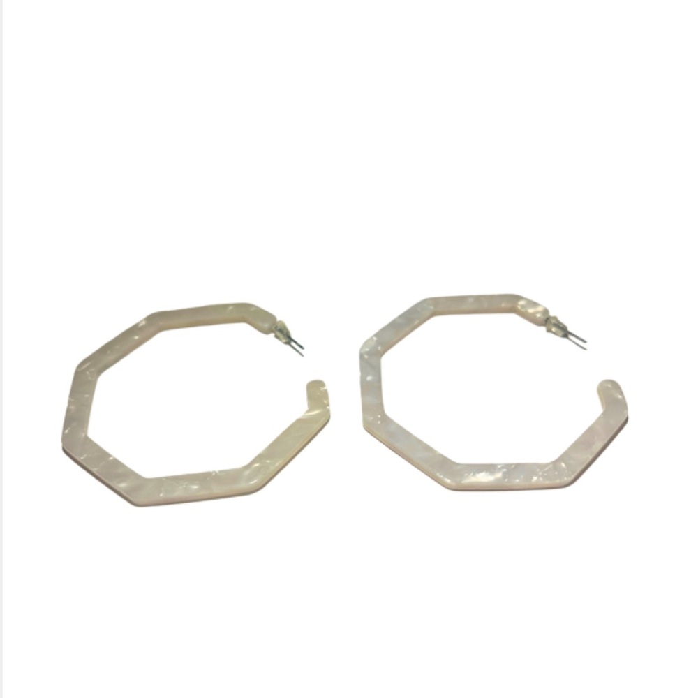 Mother of Pearl 2” Octagon Resin Hoop Earrings | White | New - Picture 2 of 5